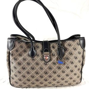 DOONEY and BOURKE Light Gray Canvas and Black Leather Trim Tote Satchel Bag